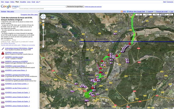Visualisation de la Carte des nuisance tracé vert A104 avec Google Maps