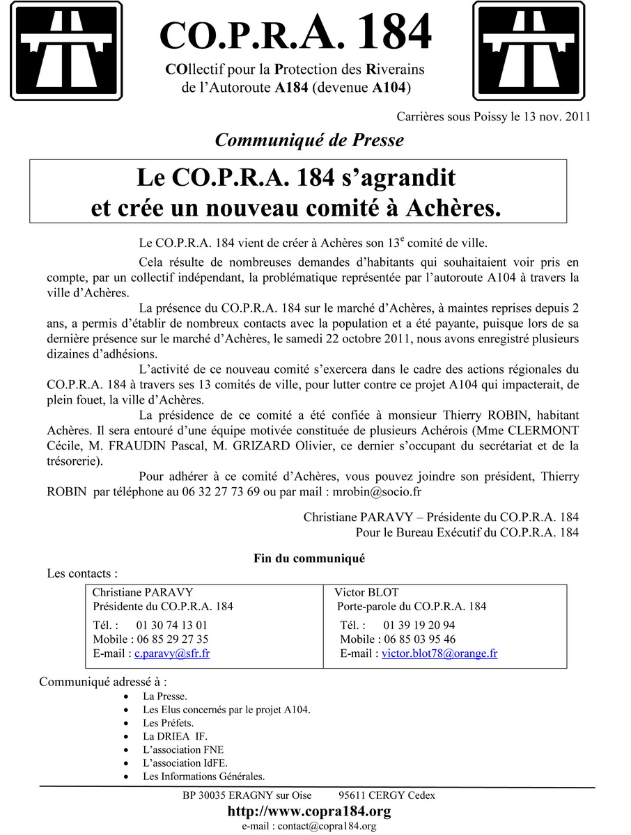 Communiqué de presse suite à création du comité de ville d'Achères