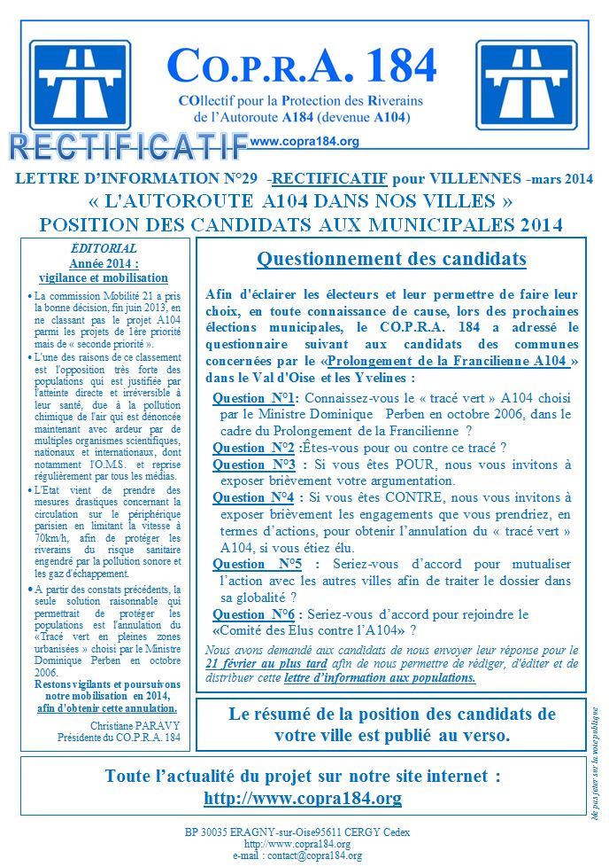 Rectificatif du 19 mars à la lettre COPRA n°29 de Villennes-sur-Seine - Recto